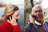 Young woman and older man talking on their phones in a story about how to talk to your chill parents about coronavirus COVID-19.