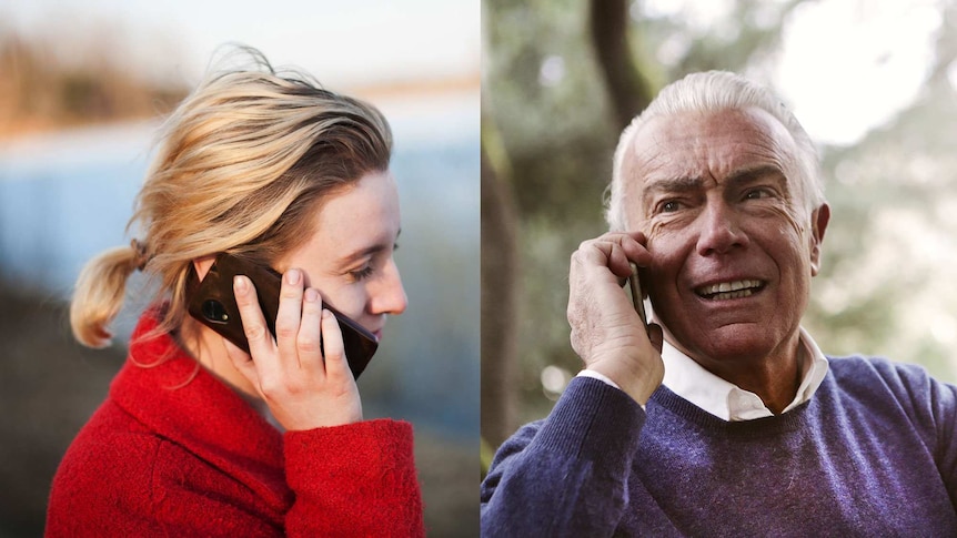 Young woman and older man talking on their phones in a story about how to talk to your chill parents about coronavirus COVID-19.