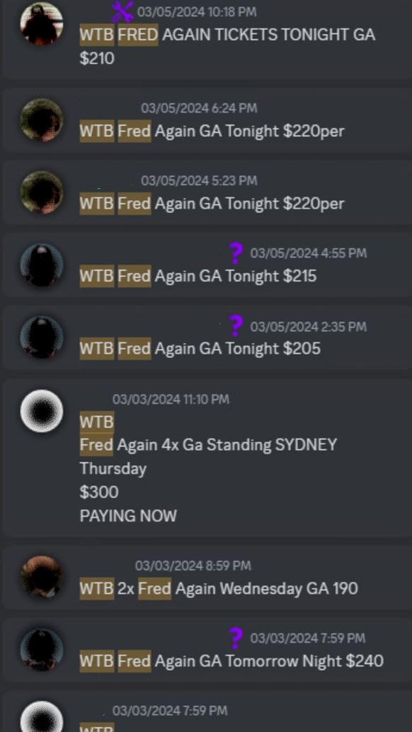 A screenshot of an online forum with people posting that they want to buy Fred again.. tickets.