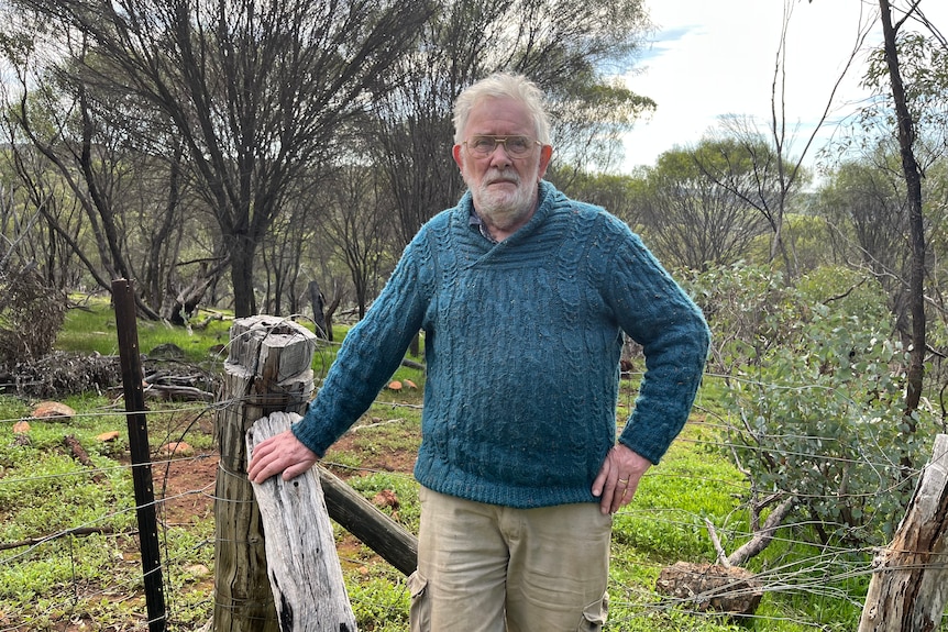 Toodyay retiree and resident Richard Wilkinson stands in his paddock in a blue jumper