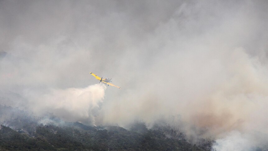 A water-bombing plane drops water on a large bushfire near Margaret River.