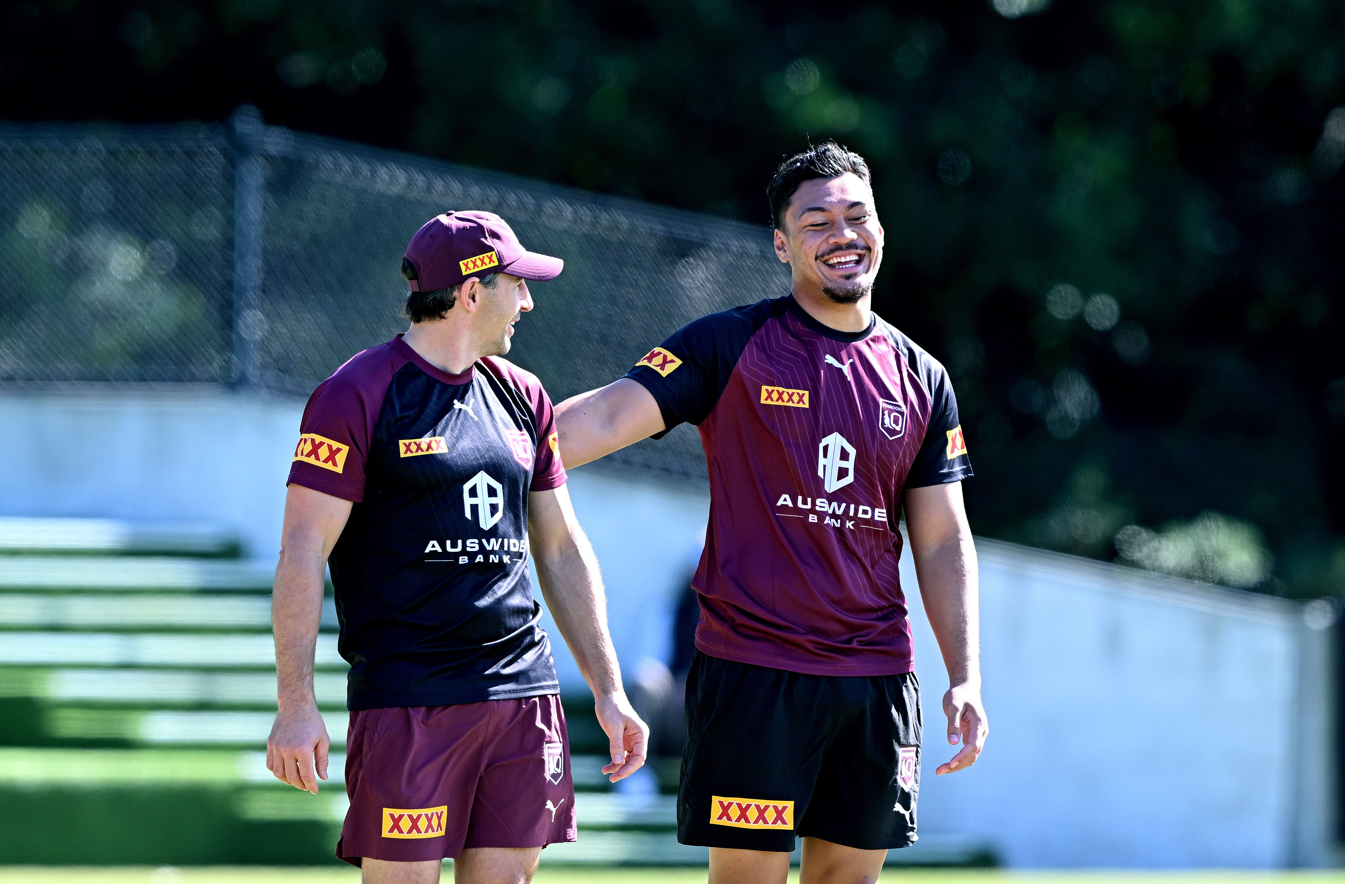 Billy Slater and Jeremiah Nanai at Queensland Maroons training.