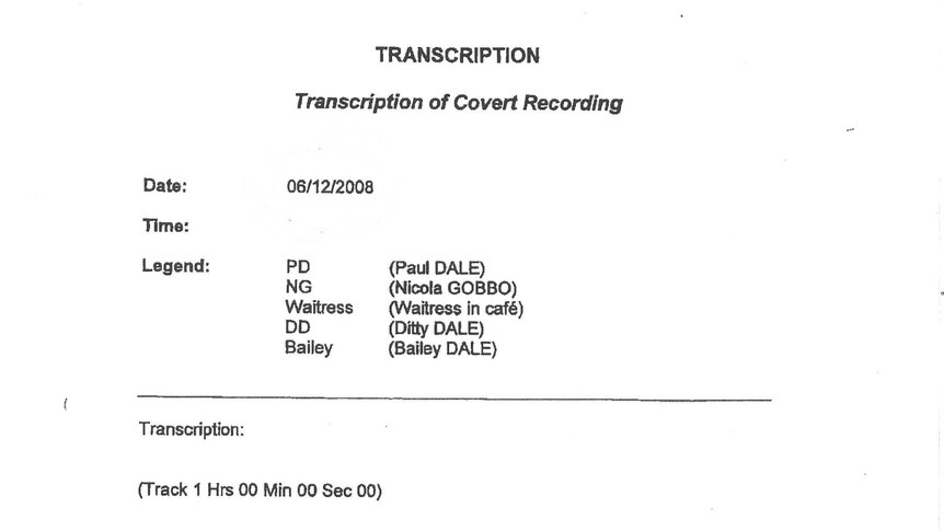 A scan of the front page of a transcript which reads 'transcription of covert recording'.