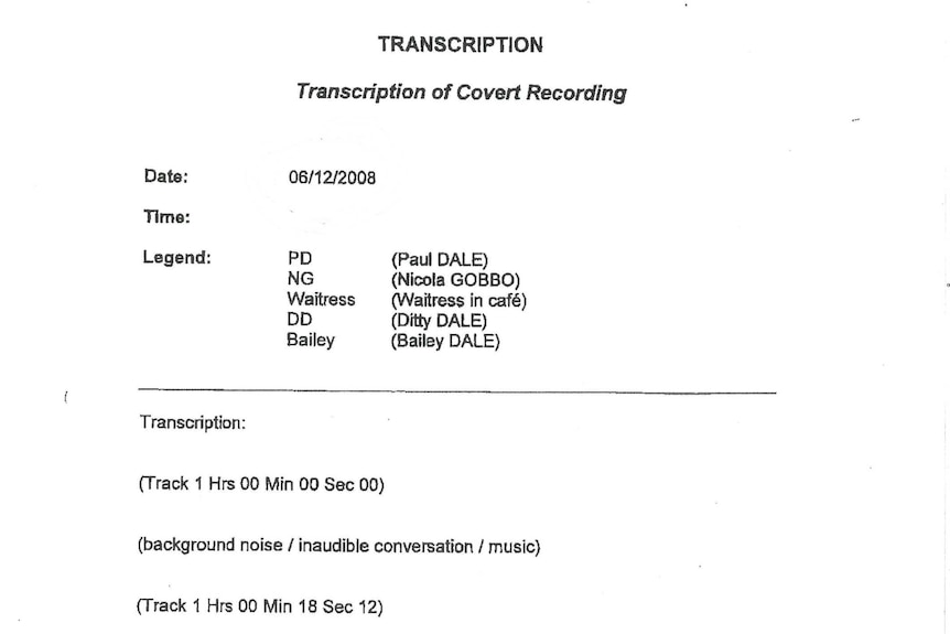 A scan of the front page of a transcript which reads 'transcription of covert recording'.