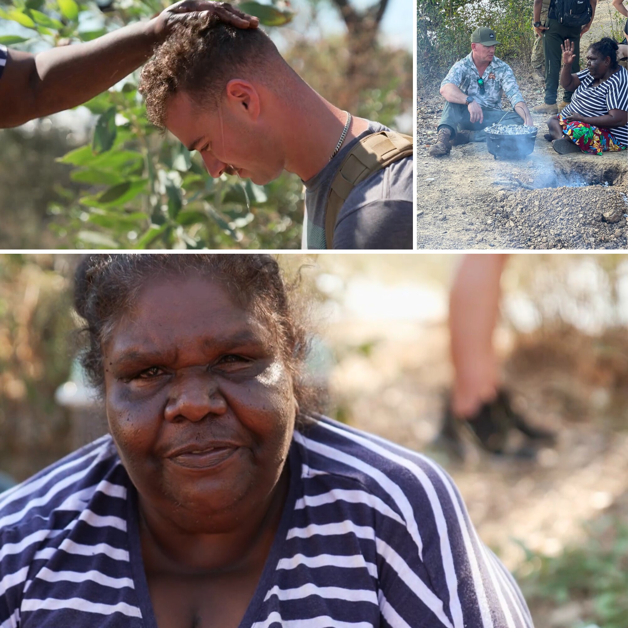 A soldier makes small dampers on a grill above a campfire, a woman sits beside a campoven talking to a man