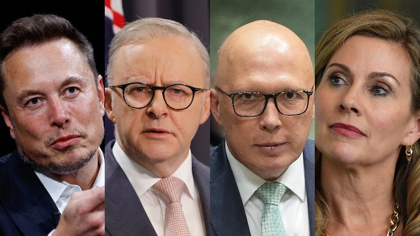 A composite image of Elon Musk, Anthony Albanese, Peter Dutton, and Julie Inman-Grant