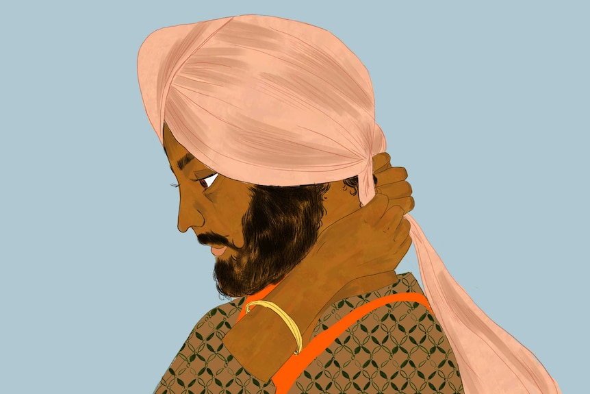 Illustration of young Sikh man tying a light pink turban at the back of his head.