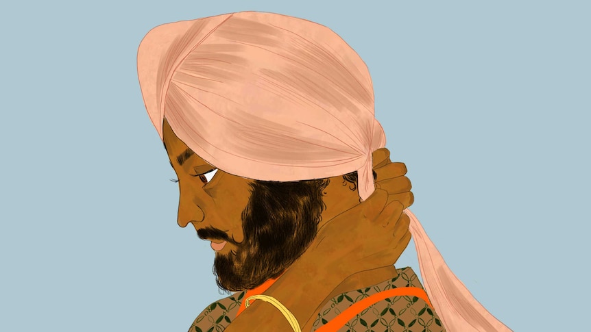 Illustration of young Sikh man tying a light pink turban at the back of his head.