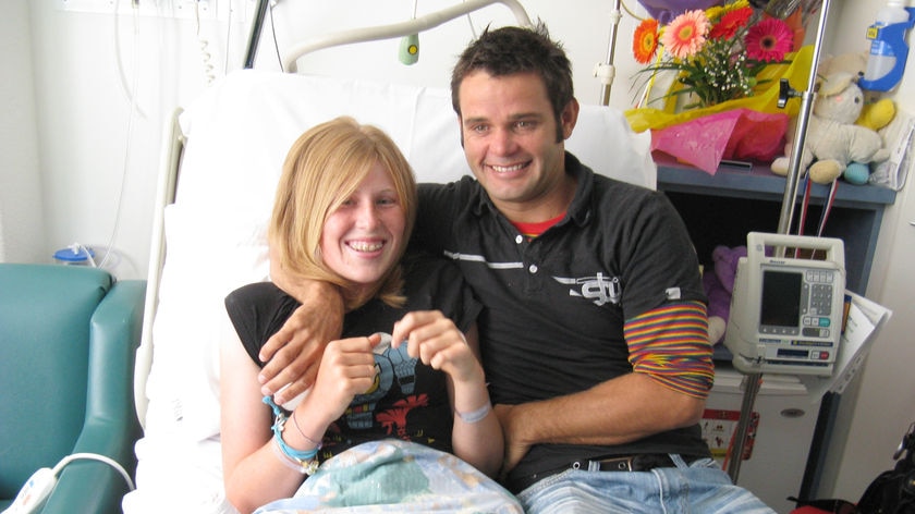 Syb Mundy with his cousin Hannah Mighall in hospital last year.