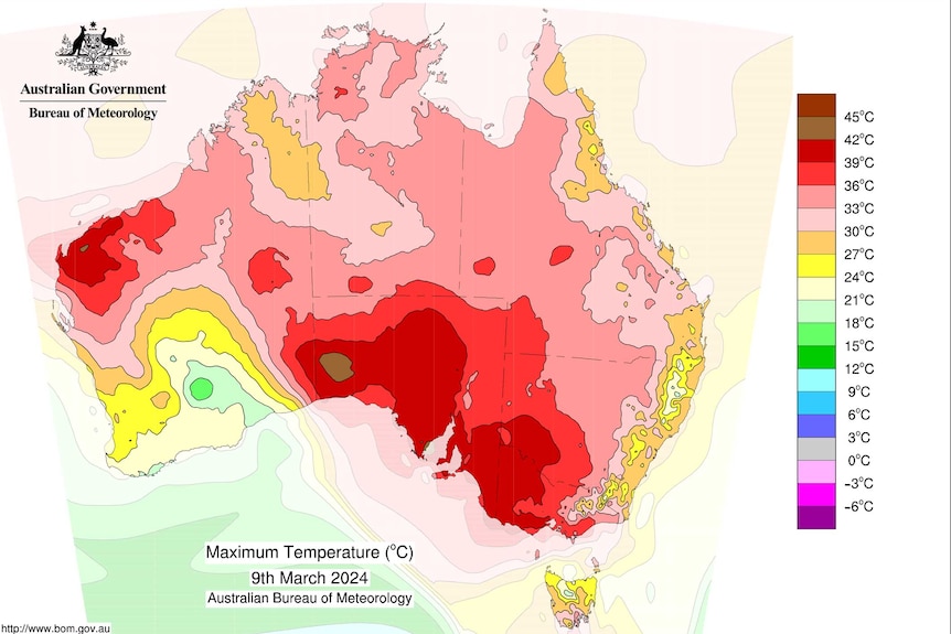 A colour coded map of Australia shoing hot temperatures across southern and eastern Australia