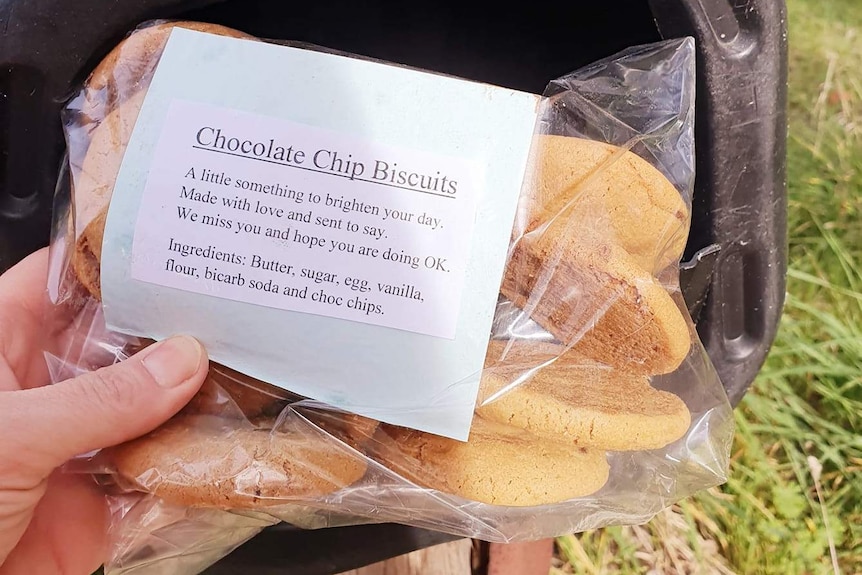 Packet of homemade chocolate chip biscuits in front of letterbox with garden behind