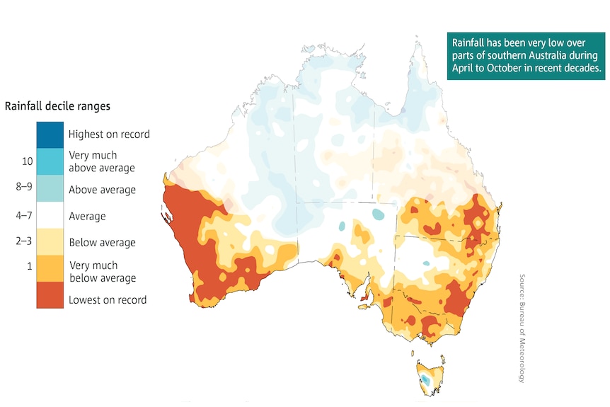 map of Australia showing drying areas in the south of the country