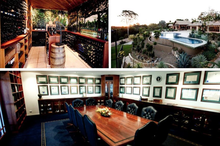 Composite graphic of three images of a luxurious venue, including a wine cellar, outdoor swimming pool and boardroom
