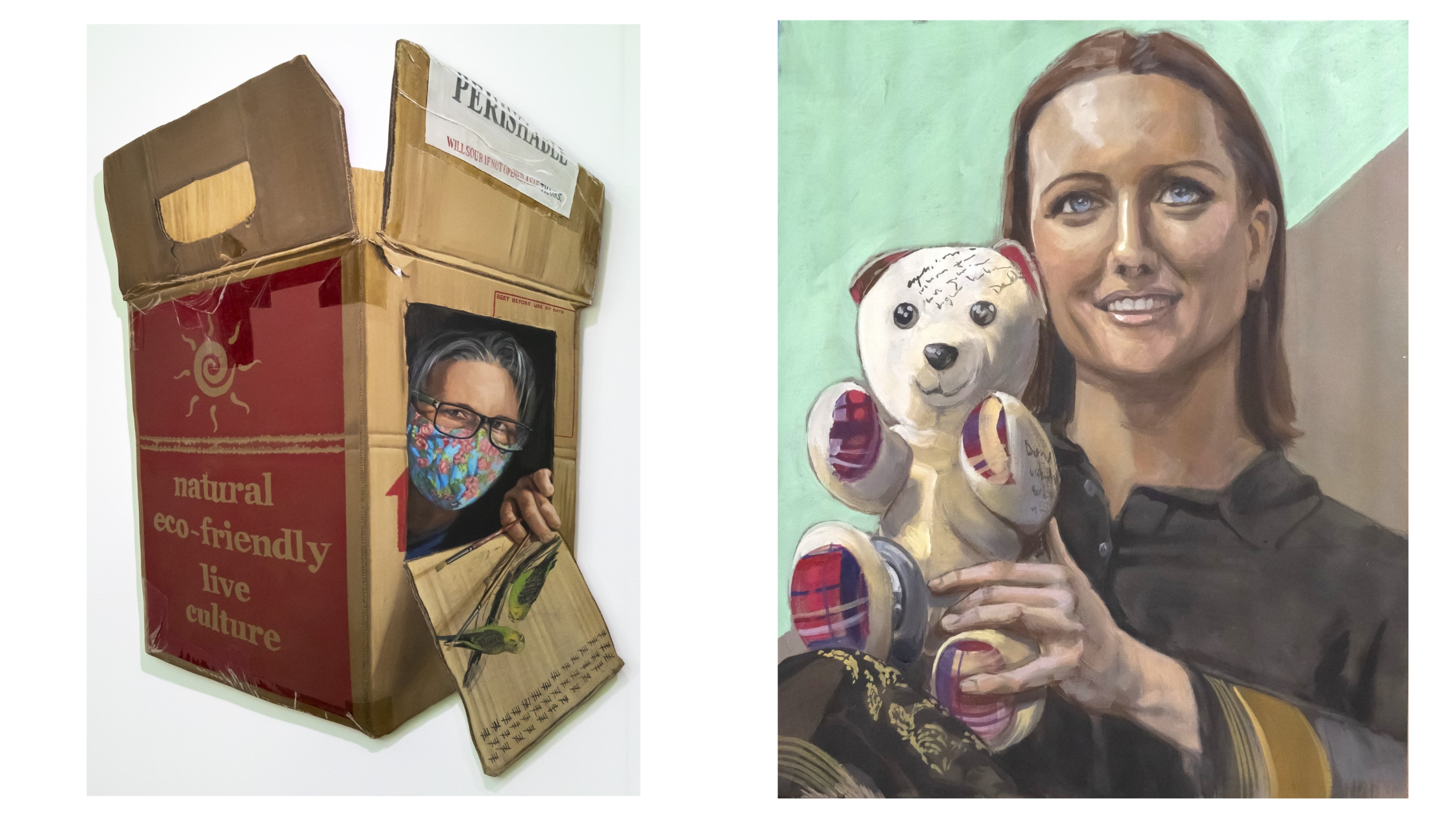 Painting of a woman in a mask peering out of a cardboard box in a 3D effect, next to portrait of Ellie Cole with her teddy bear