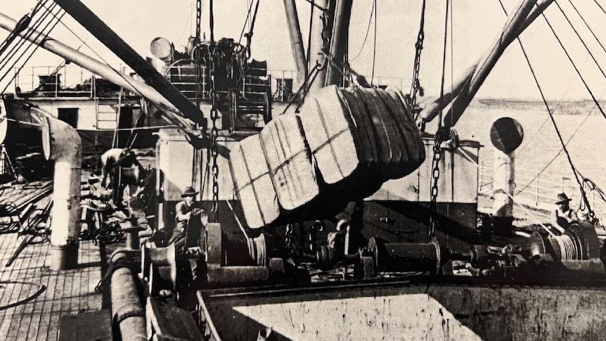 A historic photo of a cotton bale being loaded onto a ship.