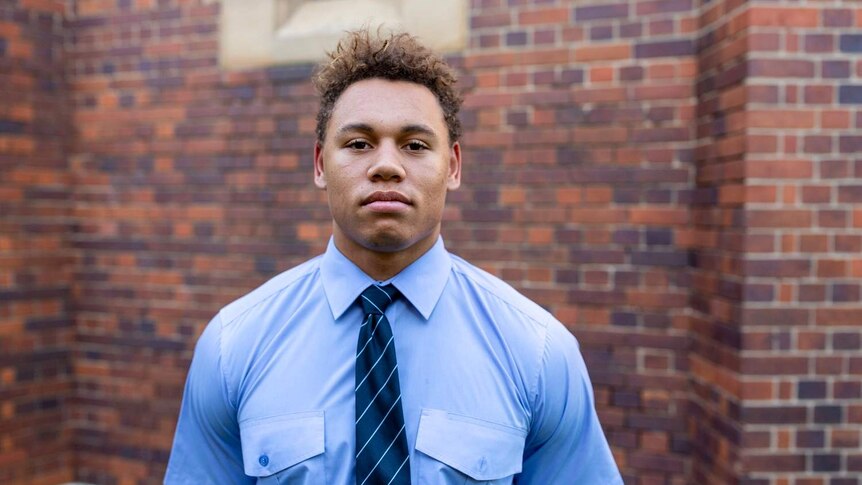 Dennis Waight, a student and rugby forward of Brisbane Grammar School's 2018 first XV, looking at the camera.