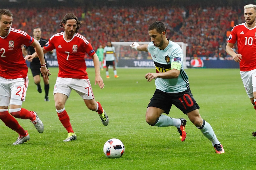 Belgium's Eden Hazard on the ball against Wales at Euro 2016.