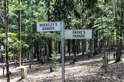 A forest trail with a street-style sign saying "Wheatley's Wander" and "Payne's Parade".