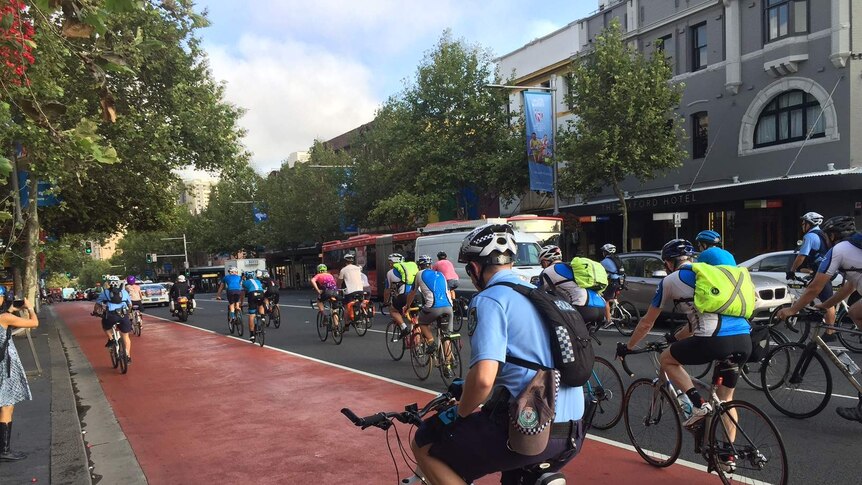 A group of cyclists set off on a protest ride from Taylor Square in Sydney's CBD.