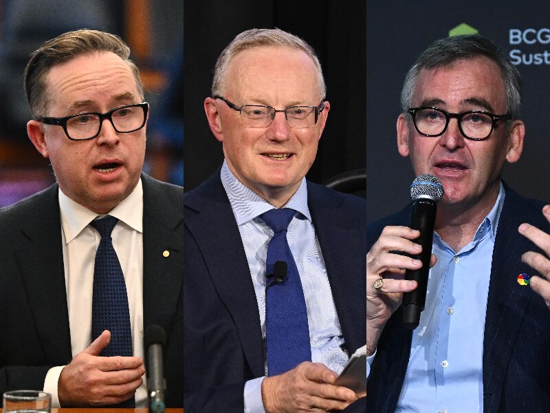 A composite image of three older-middle-aged white men in suits wearing glasses.