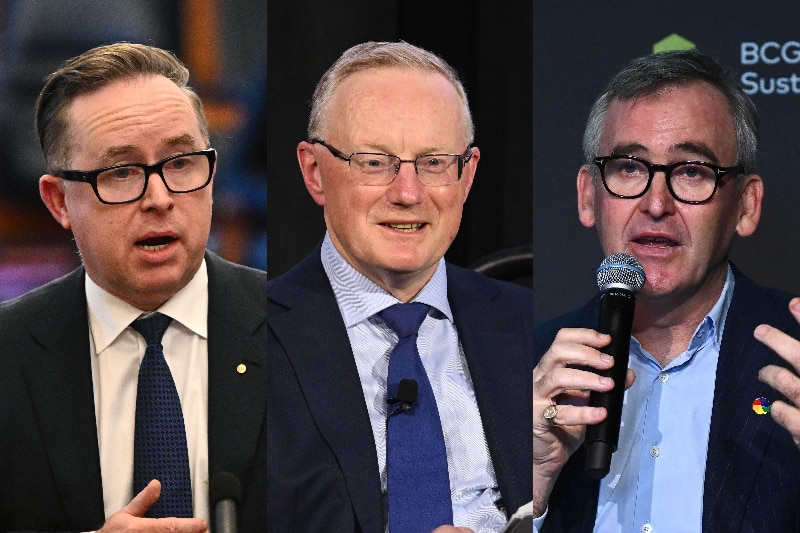 A composite image of three older-middle-aged white men in suits wearing glasses.