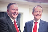 Anthony Albanese and Bill Shorten shake hands before the Labor leadership debate