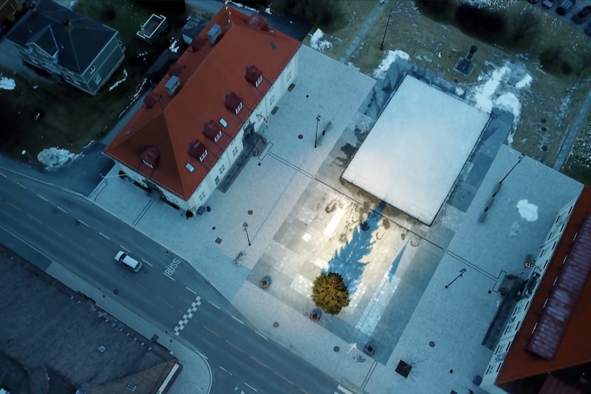 A bird's eye view of the light shining in Rjukan town centre.