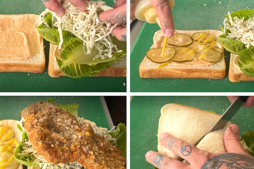 How to make wallaby sandwich, schnitzel, lettuce, pickles on white bread. 