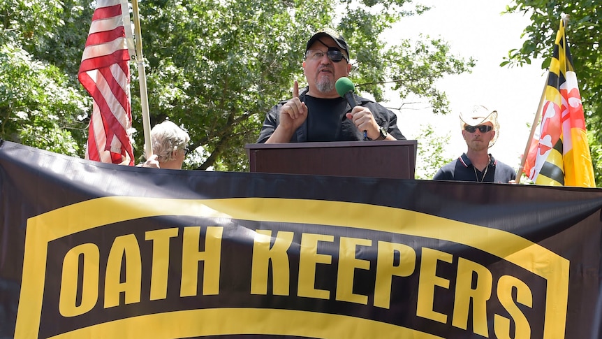 Stewart Rhodes, founder of the Oath Keepers speaks during a rally outside the White House.