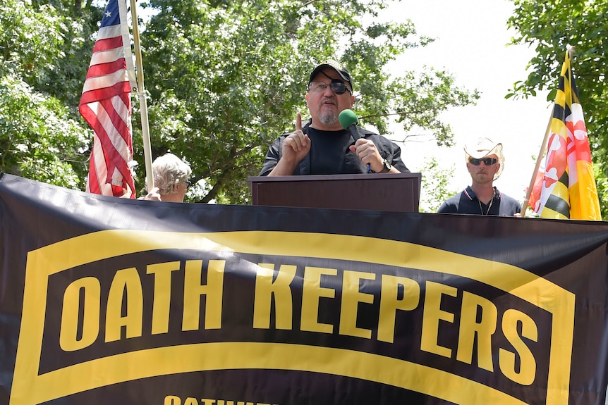 Stewart Rhodes, founder of the Oath Keepers speaks during a rally outside the White House.