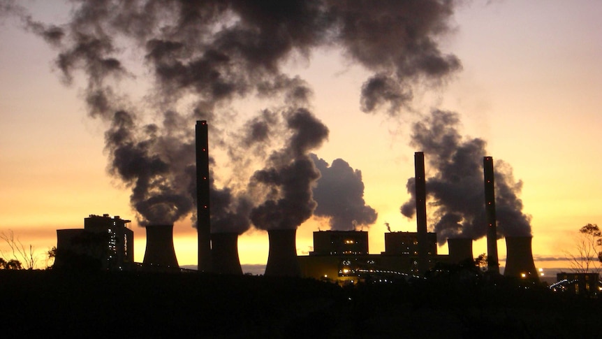 Smoke rises from a cluster of power stations at sunset. 