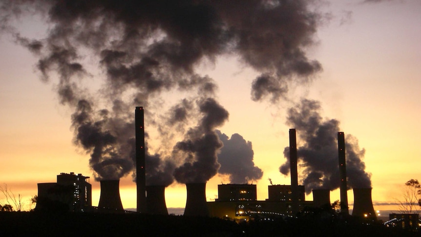Smoke rises from a cluster of power stations at sunset. 