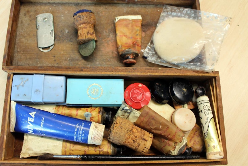 One of the two boxes containing Bud Tingwell's make-up kit at the National Film and Sound Archive.