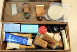 One of the two boxes containing Bud Tingwell's make-up kit at the National Film and Sound Archive.
