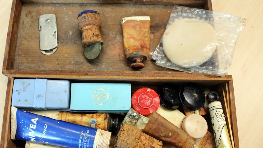 One of the two boxes containing Bud Tingwell's make-up kit at the National Film and Sound Archive.