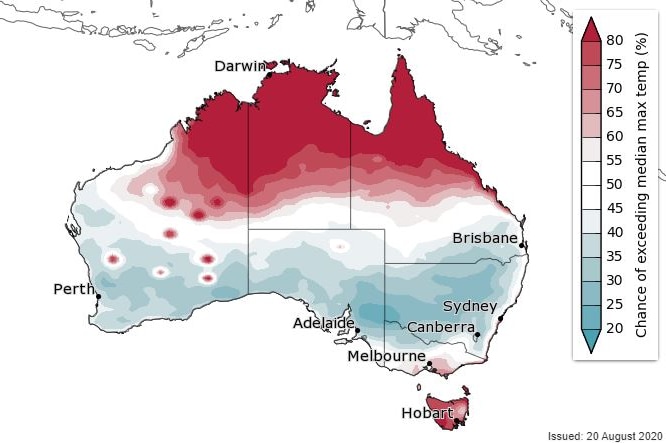 A map of Australia showing percentage chance of exceeding median maximum temperature from blue to red.