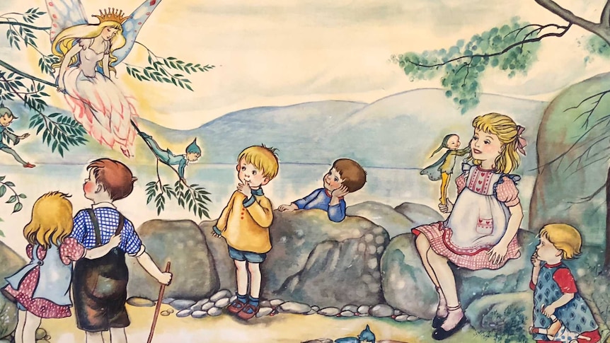 A Pixie O'Harris painting from the 1950s of children and fairies.