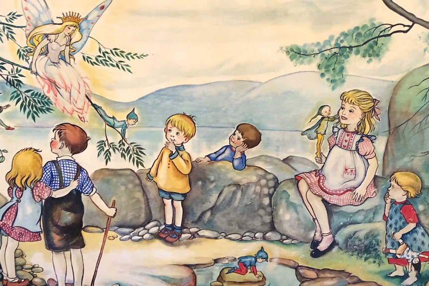 A Pixie O'Harris painting from the 1950s of children and fairies.