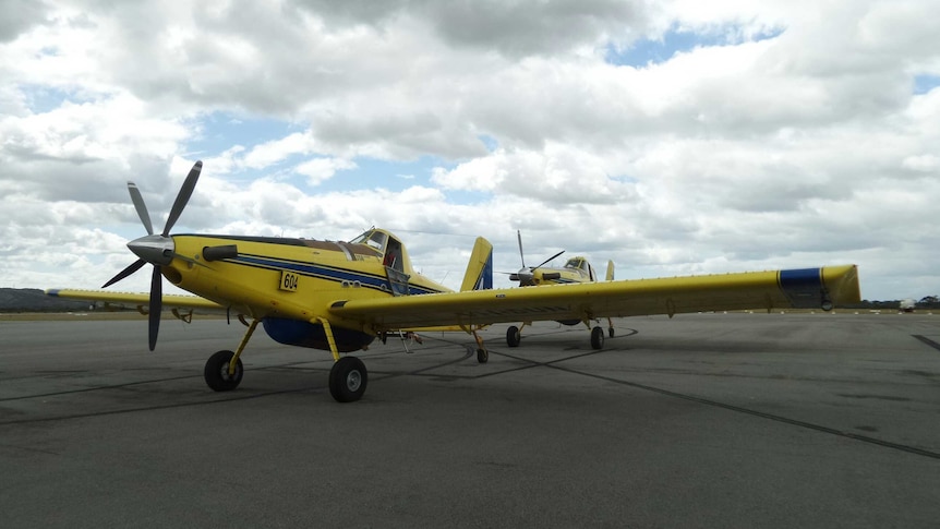 A water bomber sits on the tarmac at Albany airport Wednesday morning.