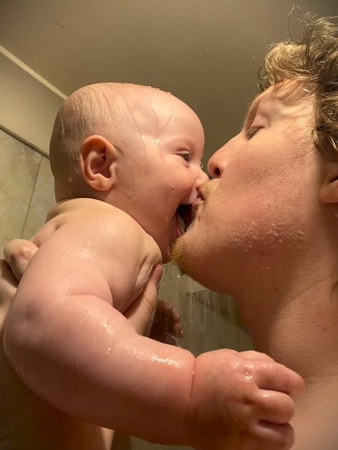 Anton Gower showering with son Elijah Neilson-Gower.