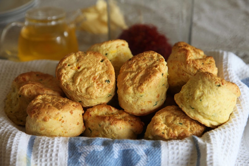 A plate of homemade saffron scones sit on Phyll Tierney's kitchen table.