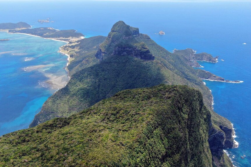 A view from the air over the top of an island mountain, with dense forest.