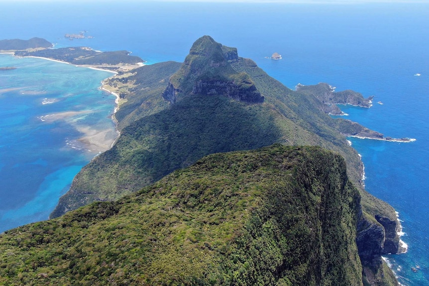 A view from the air over the top of an island mountain, with dense forest.