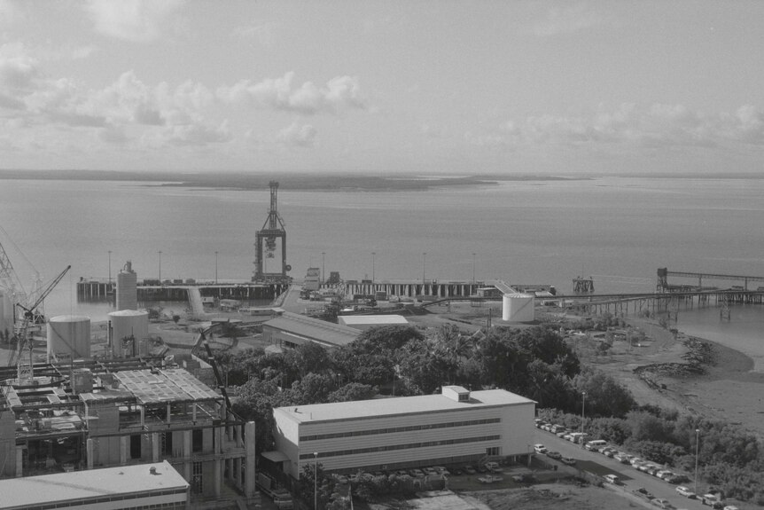 A black and white photo of the Darwin skyline from the roof of NT House in 1990.