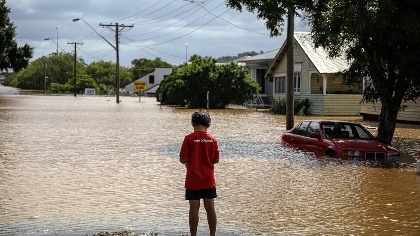 Boy stands near flood waters in Lismore