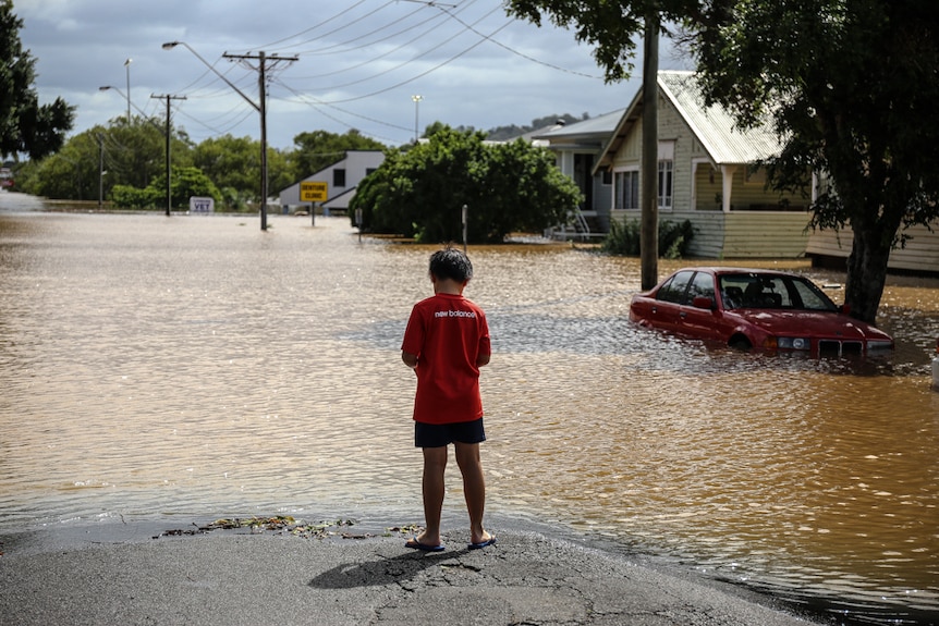 Boy stands near flood waters in Lismore.