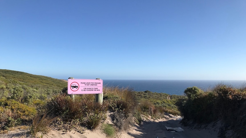 A pink sign standing at the edge of a dune, with ocean in the background.