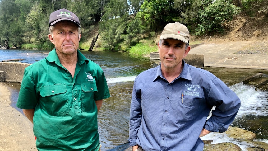 John Tidy and Brad Wedlock looking concerned as they stand in front of the Gympie weir.