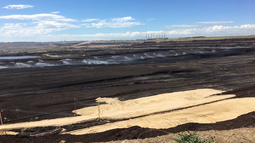 A giant open-cut coal mine with a power station in the background.
