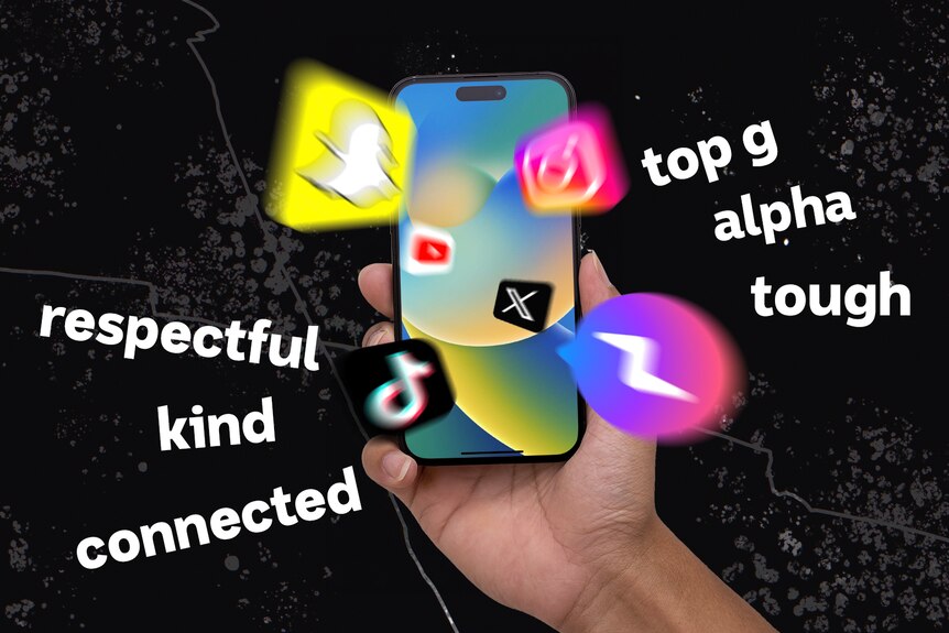 Colourful graphic of a phone with social media app icons, surrounded by contrasting words like "tough" and "kind".